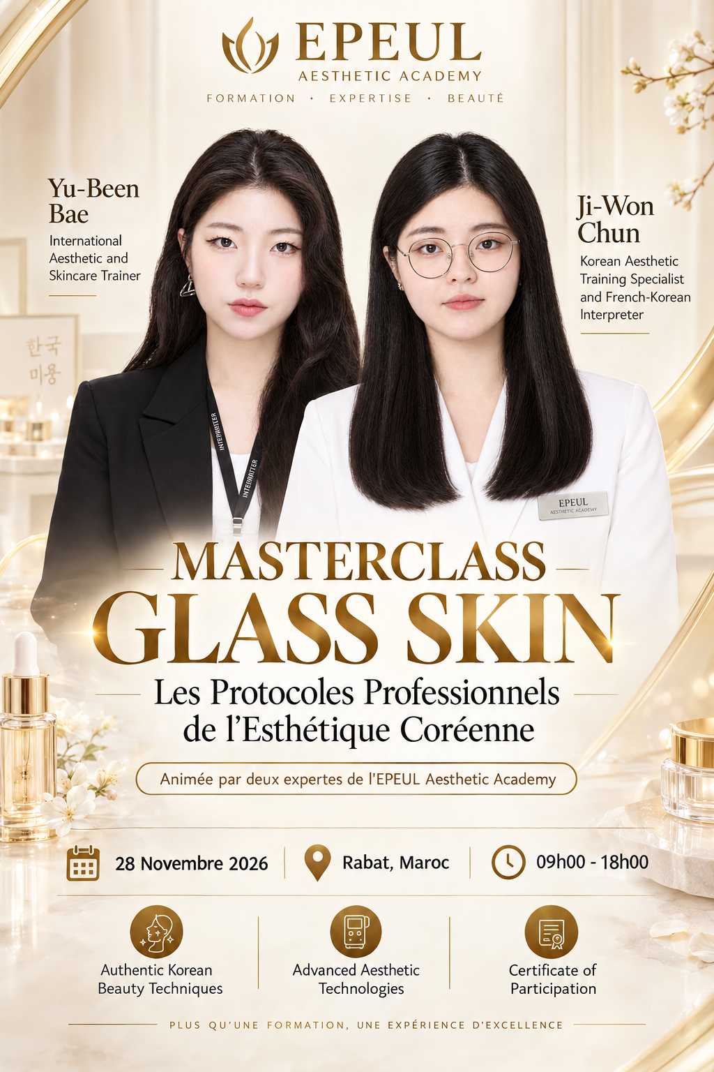 Bannière officielle de la Masterclass Glass Skin 2026 à Rabat, animée par deux expertes de l'EPEUL Aesthetic Academy, présentant les techniques professionnelles de l'esthétique coréenne, les protocole